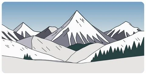 Flat vector sketch abstract snowy mountain landscape Stock Illustration