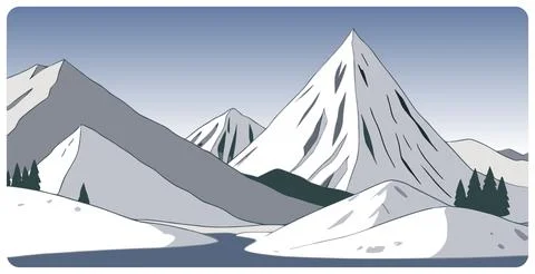 Flat vector sketch with river among snowy mountains Stock Illustration