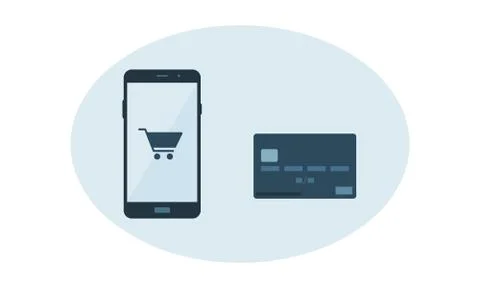 Flat vector of smart phone with checkout cart and credit card Stock Illustration