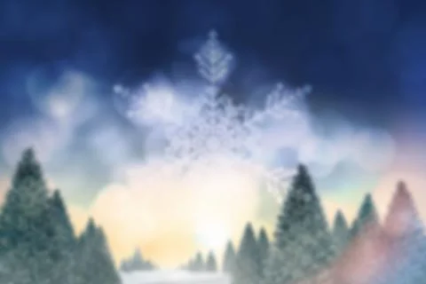 Flat vector snowflake hovering above snowy evergreen grove under blurred light Stock Photos
