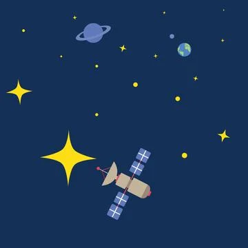Flat Vector Space Illustration with Satellite Earth and Planets Icon Design. Stock Illustration