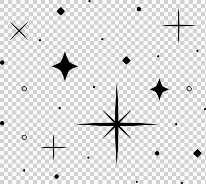 Flat vector sparkle shapes are floating across transparent background showing Stock Illustration