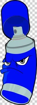Flat vector spray paint can with open cap, nozzle, angry eyes is standing on Stock Illustration
