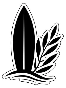 Flat vector sticker design featuring a black silhouette of a surfboard standi Stock Illustration