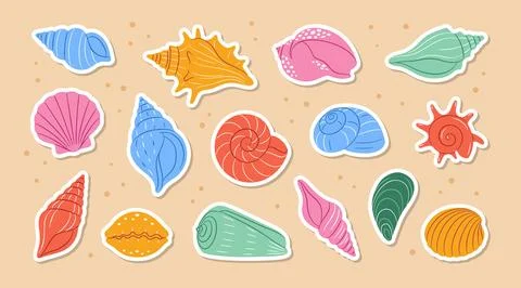 Flat vector sticker set of various colorful seashells on sandy background Stock Illustration