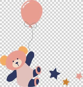Flat vector teddy bear is holding string lifting pink balloon with stars, 스톡 일러스트