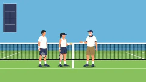 Flat vector of tennis player with racket practice training and coach at ten.. Stock Illustration
