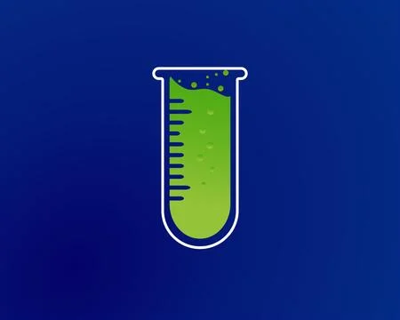 Flat Vector Test Tube with Green Chemical Liquid and Bubbles on Dark Blue Stock Illustration