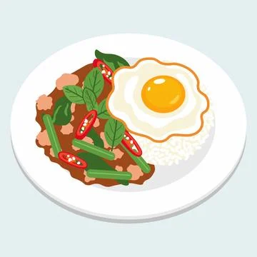 Flat vector of Thai Spicy minced pork and basil stir fry topped with a frie.. Illustrazione stock
