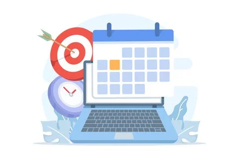 Flat vector of time management concept. Laptop, calendar, clock Stock Illustration