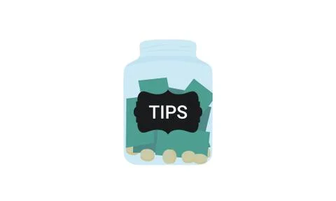 Flat vector of tip jar with money, greens bills and gold coins isolated on white Stock Illustration