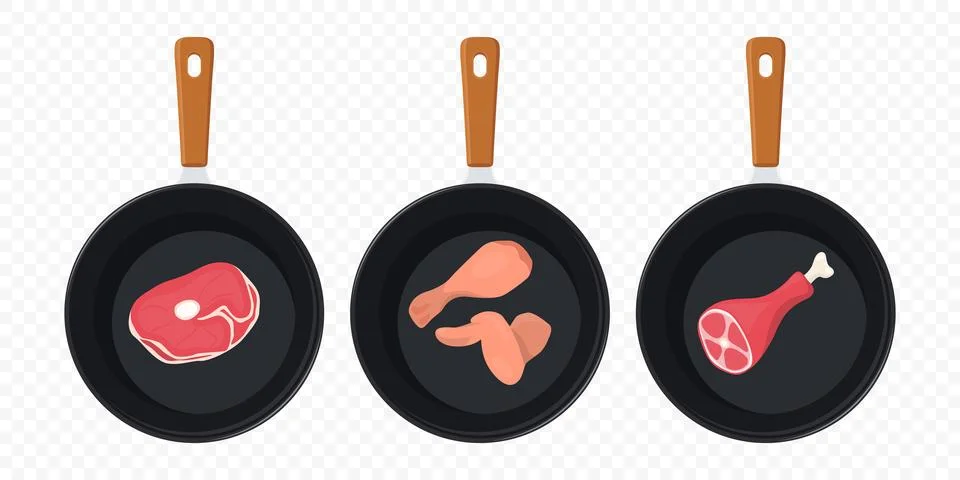 Flat Vector Top View Black Skillet With Steak, Chicken Leg And Wing, Meat Shank Illustrazione stock