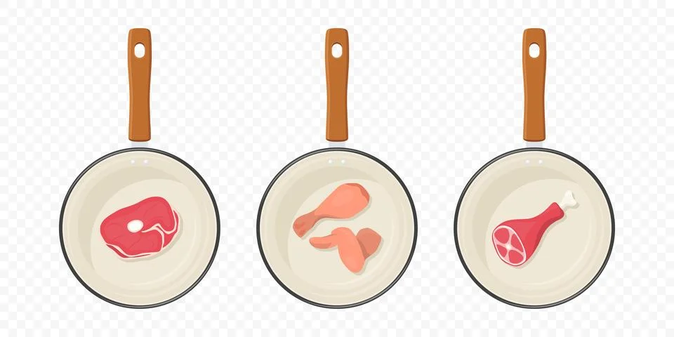 Flat Vector Top View Skillet With Steak, Chicken Leg And Wing, Meat Shank On Illustrazione stock