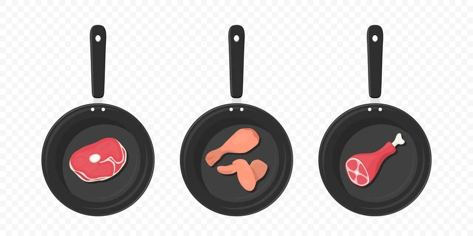 Flat Vector Top View Skillet With Steak, Chicken Leg And Wing, Meat Shank On Stock Illustration