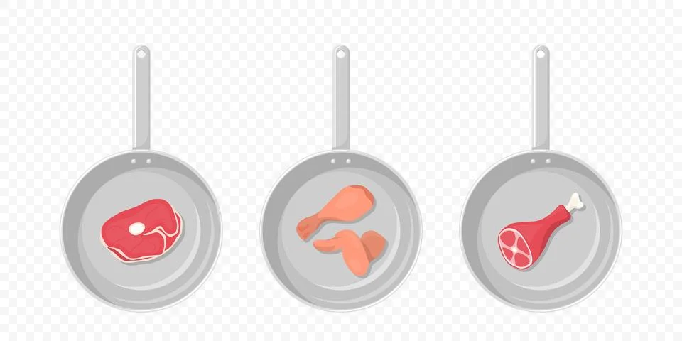 Flat Vector Top View Skillet With Steak, Chicken Leg And Wing, Meat Shank On Stock Illustration