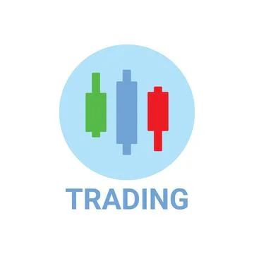 Flat Vector Trading Candlestick Icon with Red Green Blue Bars and Text Label Stock Illustration