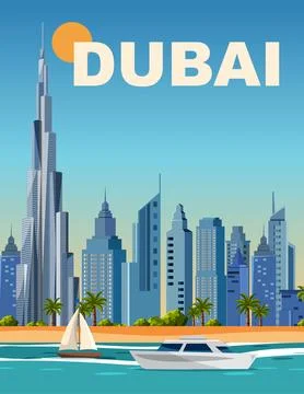 Flat Vector Travel Poster of Dubai Skyline with Burj Khalifa and Boats Stock Illustration