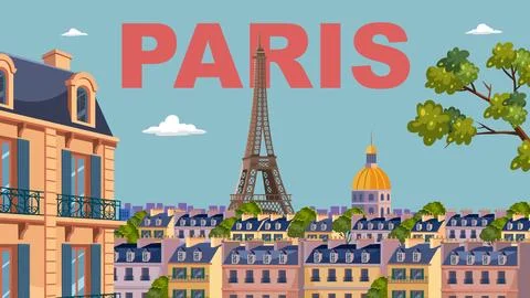 Flat vector travel poster illustrates Paris skyline with Eiffel Tower, histor Stock Illustration