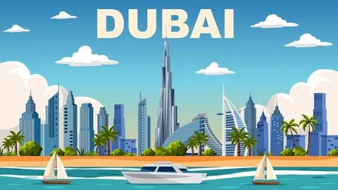 Flat vector travel poster includes famous skyscrapers, palm trees, and boats  Stock Illustration