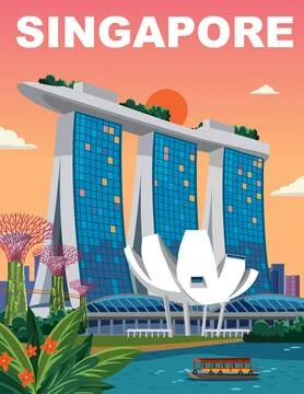 Flat vector travel poster of Marina Bay skyline during sunset with tropical p Stock Illustration