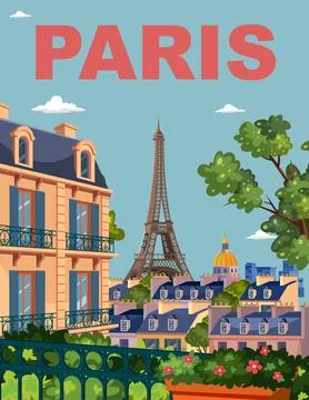 Flat Vector Travel Poster of Paris City Skyline and Eiffel Tower Stock Illustration