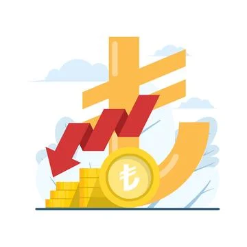 Flat vector Turkish Lira symbol with red downward arrow, currency devaluation Stock Illustration