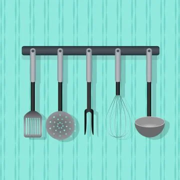 Flat vector utensil, kitchenware on the wall. Stock Illustration
