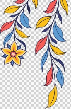 Flat vector vines are showcasing yellow, coral red, sky blue leaves, flower, Stock Illustration