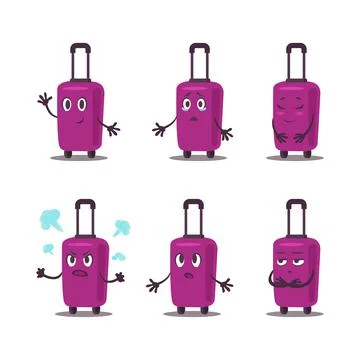 Flat vector violet suitcase pack. Travel bag on wheells emotions set. Stock-Illustration