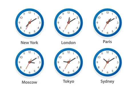 Flat Vector Wall Office Clock Icon Set. Time Zones of Different Cities, White Stock Illustration