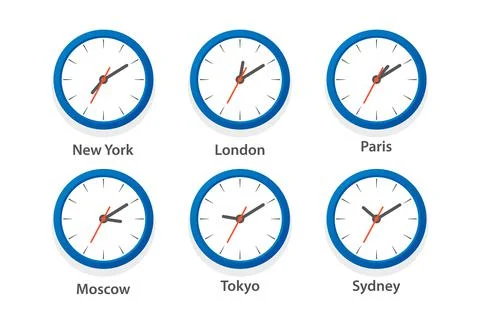 Flat Vector Wall Office Clock Icon Set. Time Zones of Different Cities, White Stock Illustration