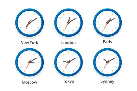 Flat Vector Wall Office Clock Icon Set. Time Zones of Different Cities, White Stock Illustration