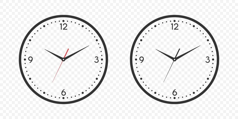 Flat Vector Wall Office Clock Face Set. Clock Dial and Clock Hands Closeup Stock Illustration