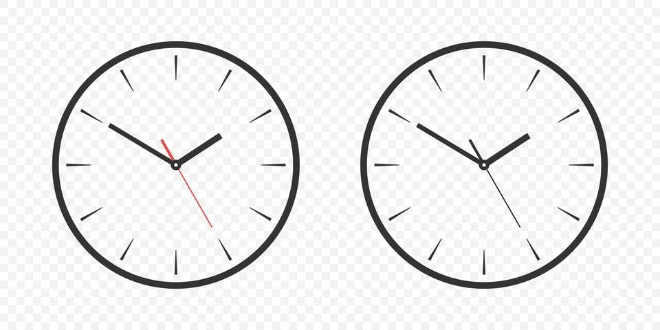 Flat Vector Wall Office Clock Face Set. Clock Dial and Clock Hands Closeup Stock Illustration