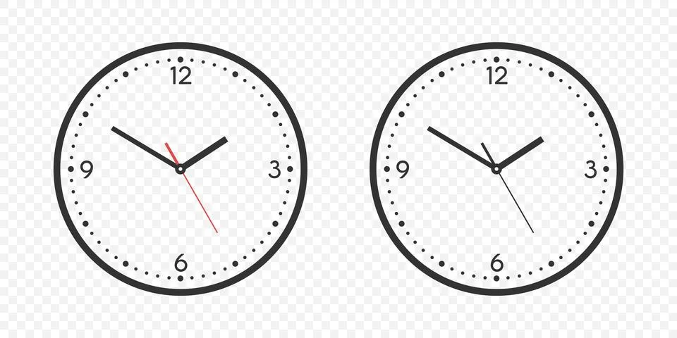 Flat Vector Wall Office Clock Face Set. Clock Dial and Clock Hands Closeup Stock Illustration
