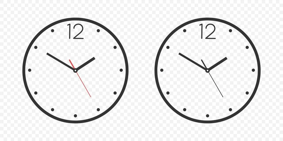 Flat Vector Wall Office Clock Face Set. Clock Dial and Clock Hands Closeup Illustrazione stock