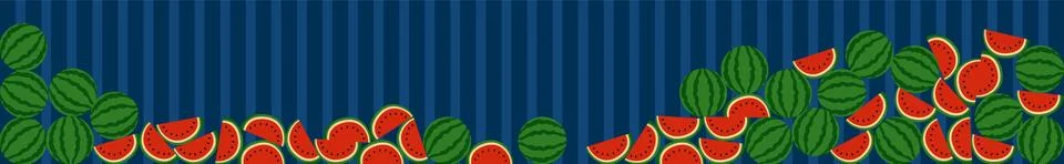 Flat vector watermelon border on blue striped background with red fruit slices Stock Illustration