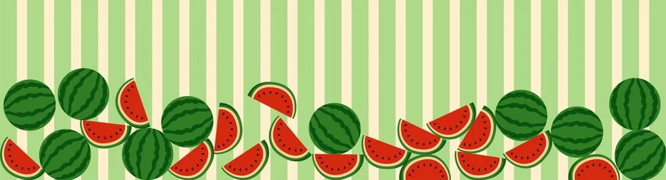 Flat vector watermelon border on green striped background 스톡 일러스트