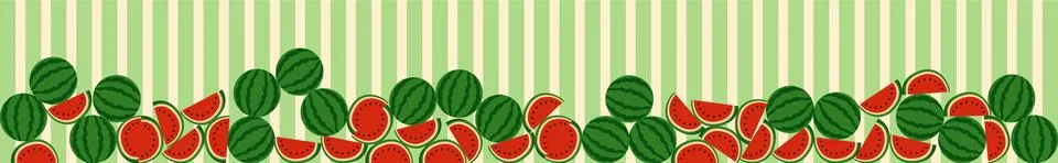 Flat vector watermelon border on green striped background Stock Illustration