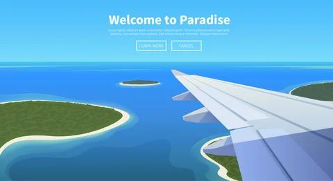 Flat vector web banner. Travel by airplane. Stock Illustration