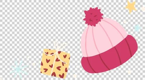 Flat vector winter hat and gift box are floating on transparent background with 스톡 일러스트