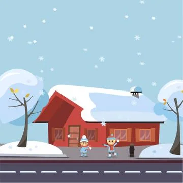 Flat vector winter scene children playing snowball fights. Happy kids boy and 스톡 일러스트