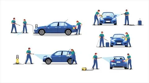 Flat vector of workers washing and taking care of car at car wash service Stock Illustration