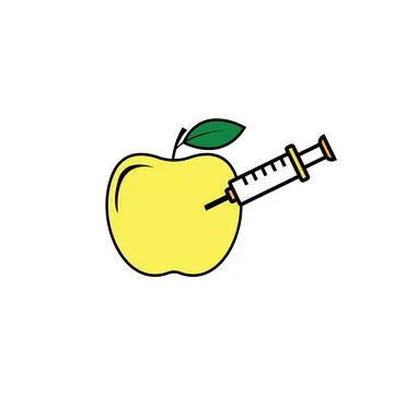 Flat Vector Yellow Apple with Syringe Injection Icon for GMO Stock Illustration