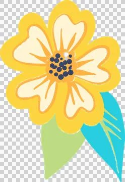 Flat vector yellow flower with navy dots is floating on transparent canvas with Stock Illustration