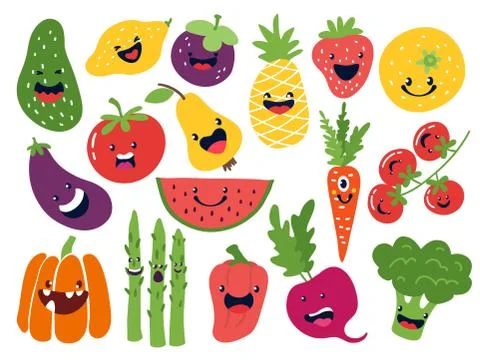 Flat vegetable characters. Funny smiley doodle fruits, hand drawn berries potato Stock Illustration