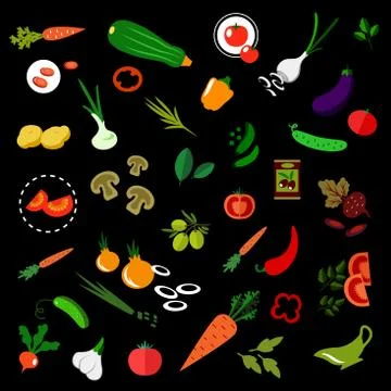 Flat vegetables icons with herbs and olives Stock Illustration