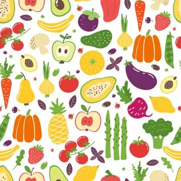 Flat vegetables seamless pattern. Hand drawn colorful fruits, organic natural Stock Illustration