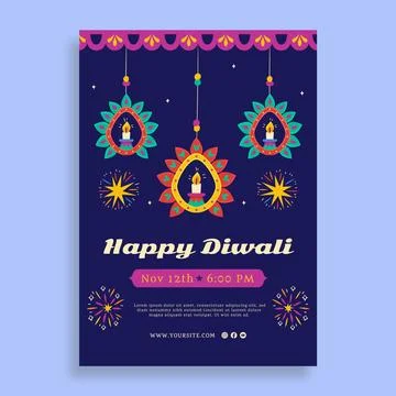 Flat vertical poster template for hindu diwali festival celebration Stock Illustration