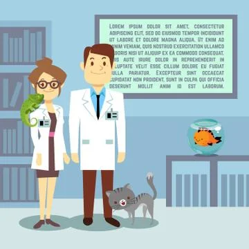 Flat veterinary office with doctors and animals Illustrazione stock